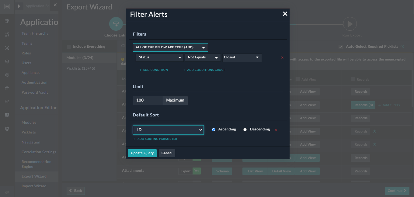 Filtering alert data while export