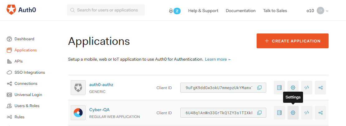 Auth0: Editing the settings of an application