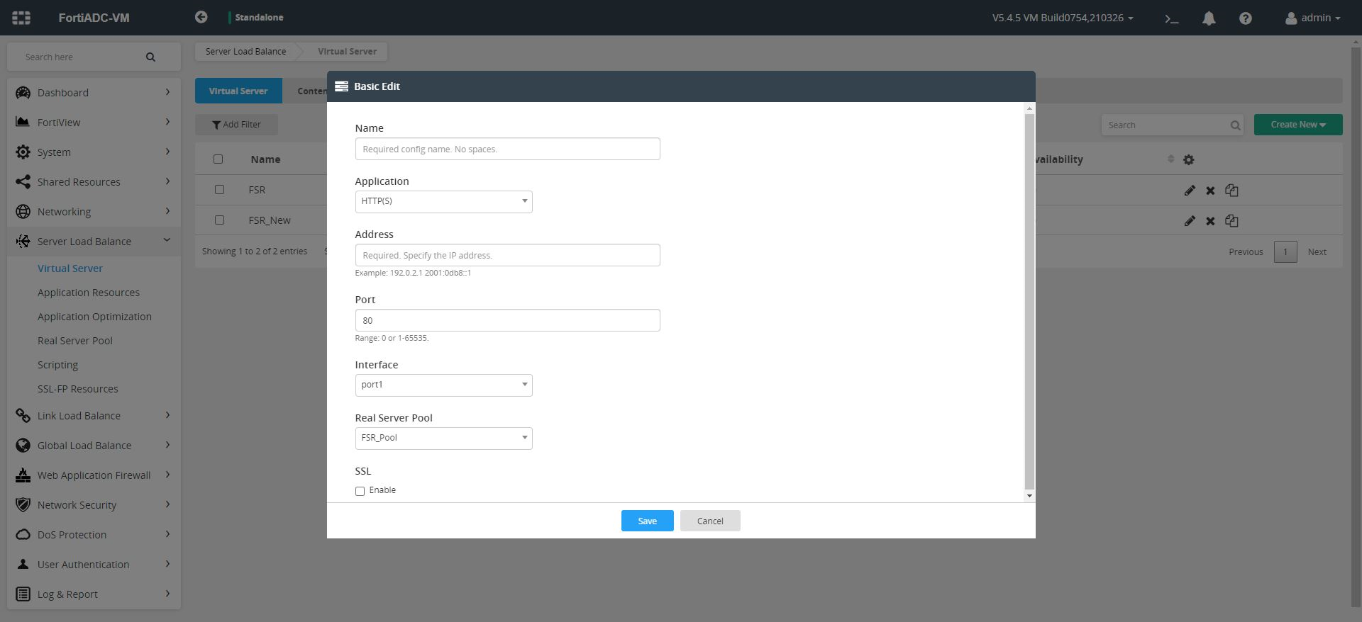 FortiADC- Create New Virtual Server page