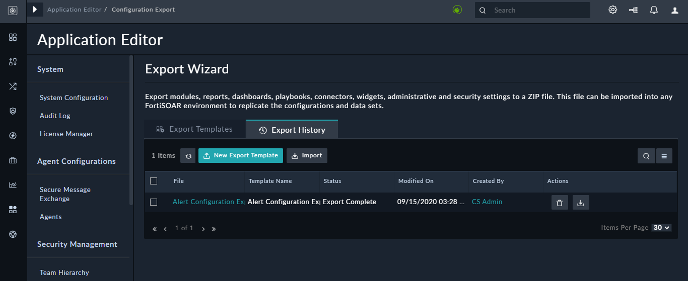 Configuration Export page - Export History page