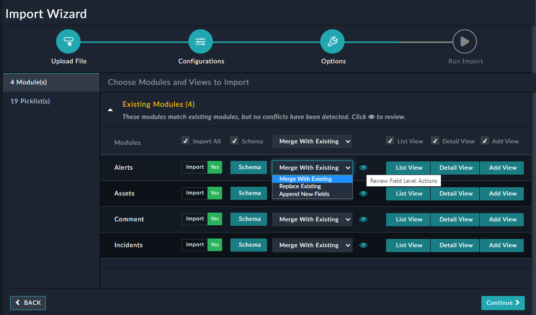 Import Configurations - Modules Page