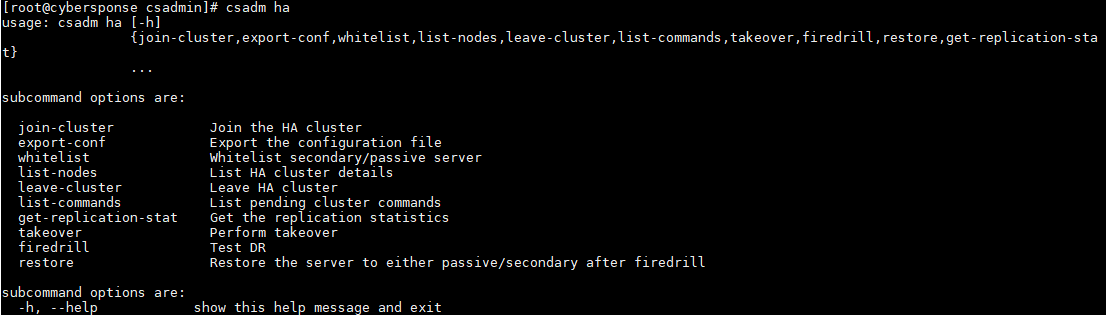 FortiSOAR&trade; Admin CLI - csadm ha command output