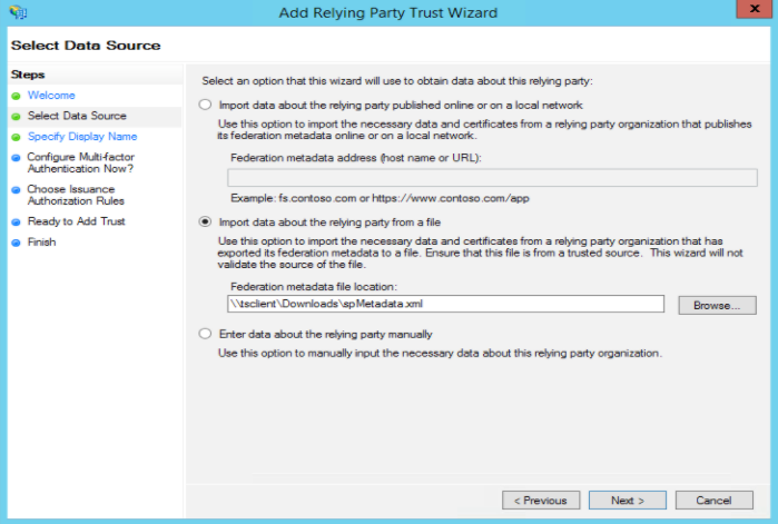 ADFS configuration: Add Relying Party Trust Wizard