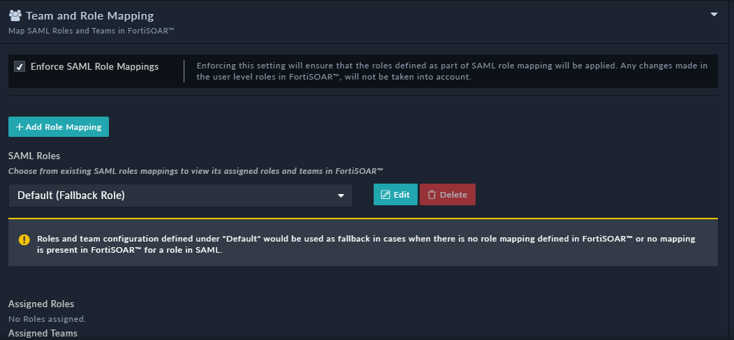 Teams and Role Mapping section to map IdP roles