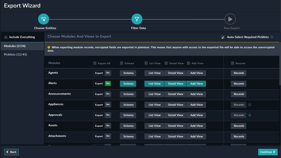 Export Wizard - Filter Data page