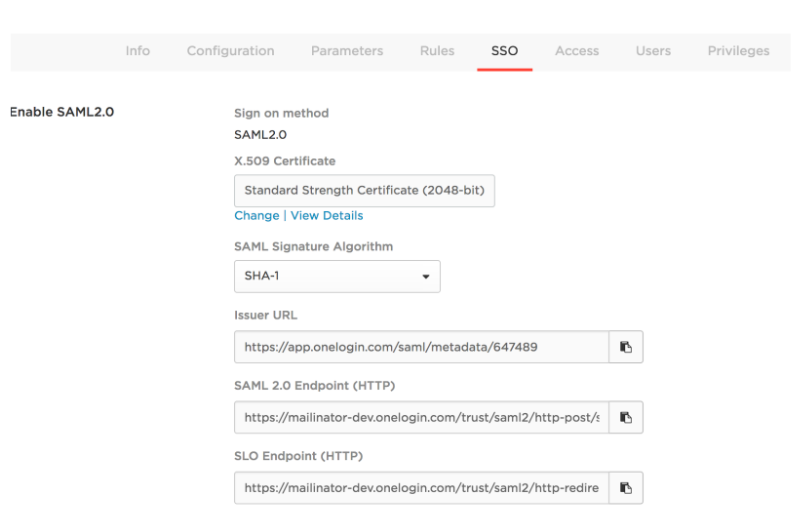 SAML Test Connector - SSO tab
