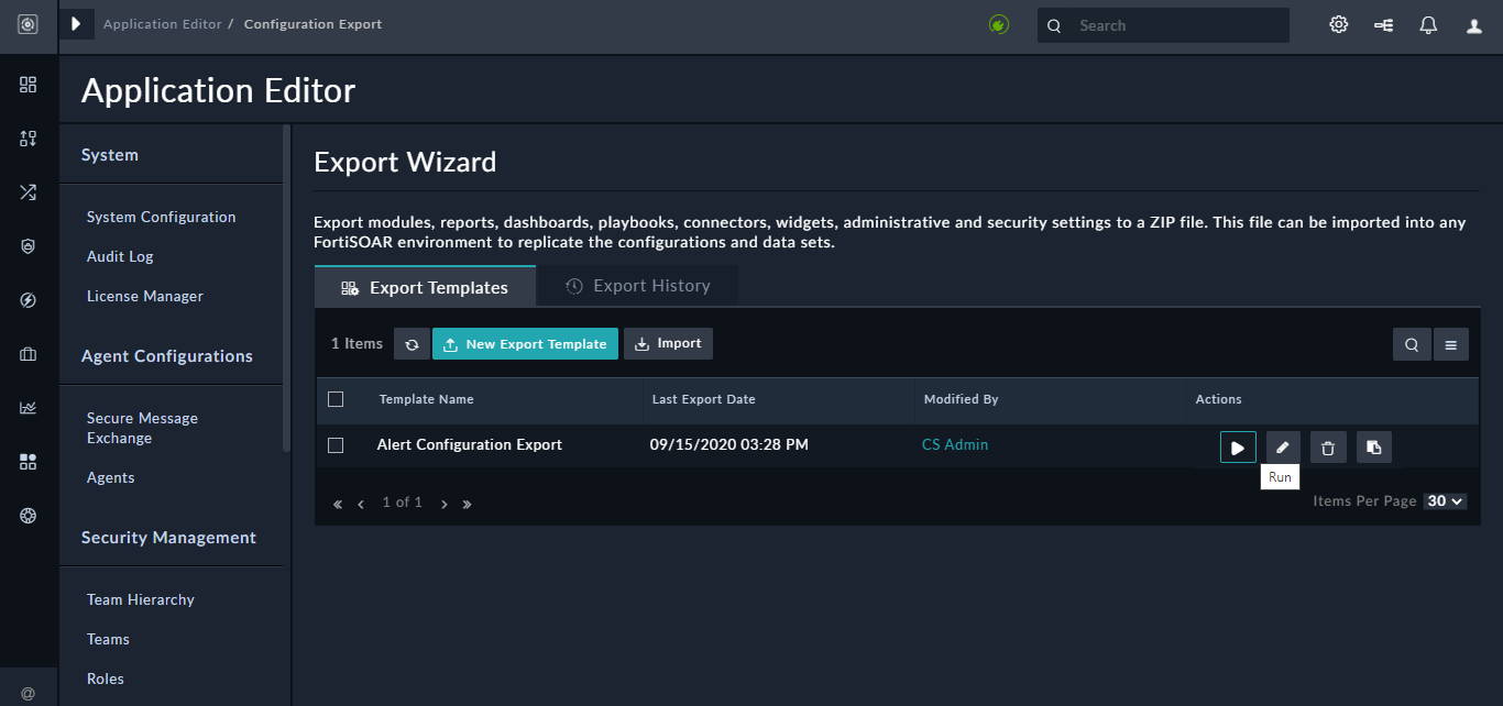 Configuration Export page - Export Templates page
