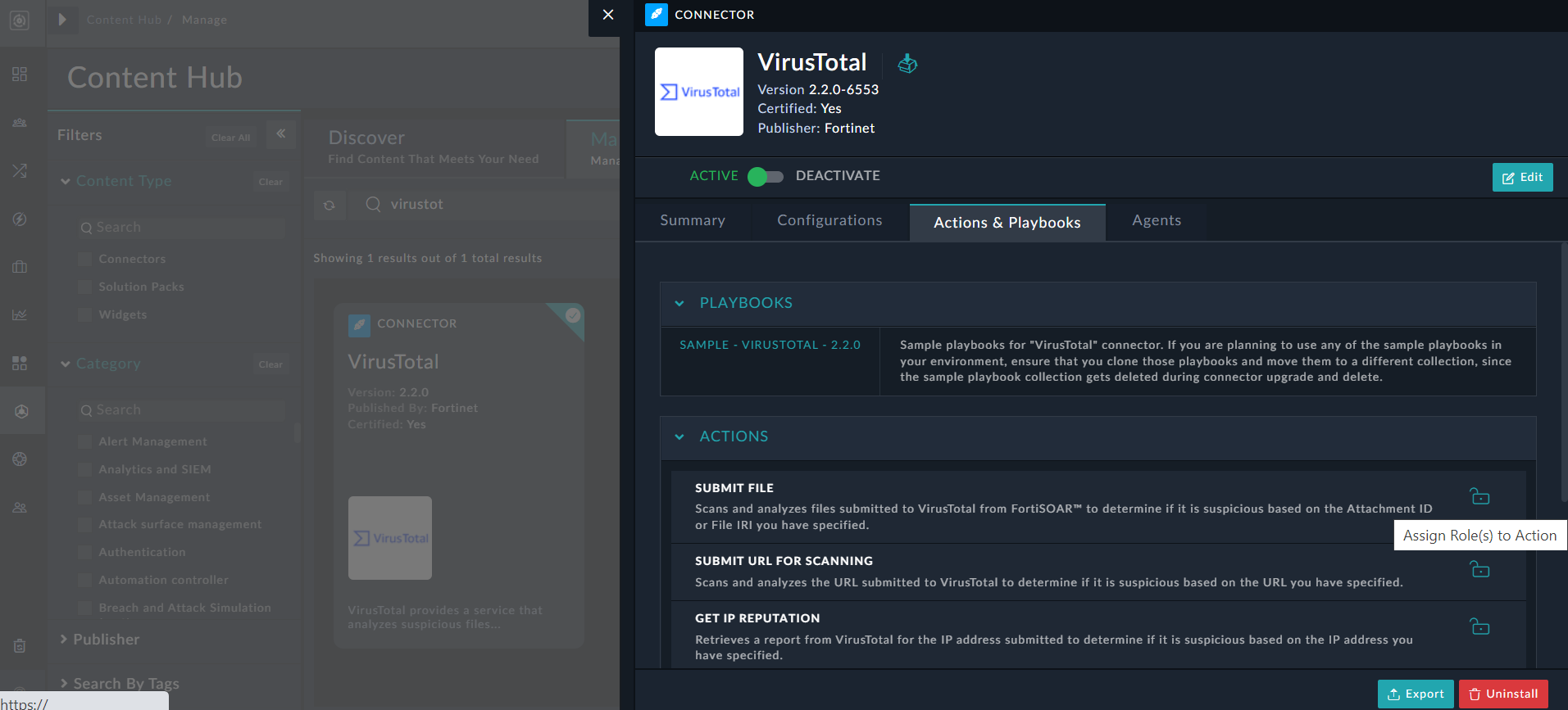 Connector Configuration Page - Actions and Playbooks Tab - Assign Roles to Action icon