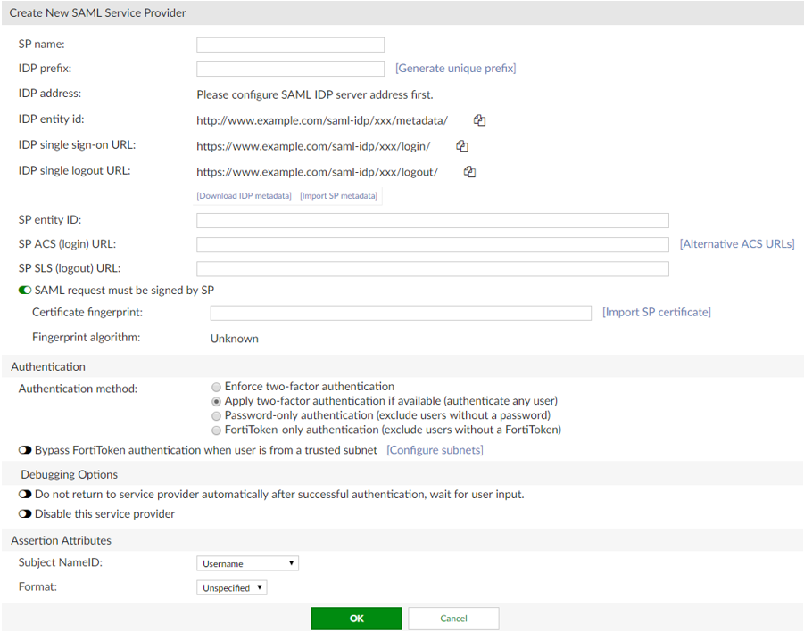 FAC - Create New SAML Service Provider section