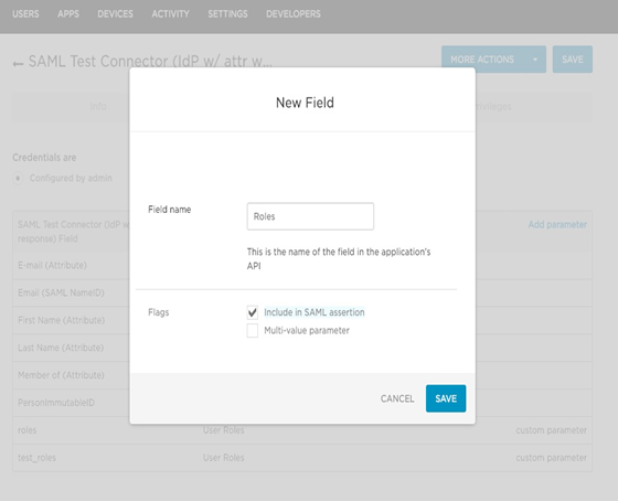 OneLogin SAML application: New Field Dialog