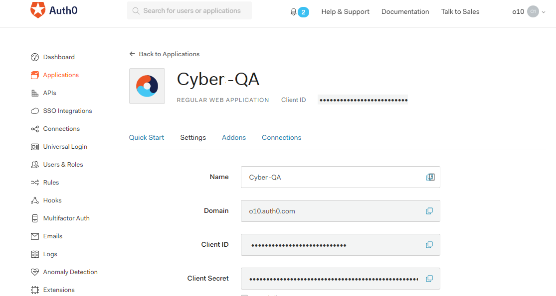 Auth0: Settings Page of an Application