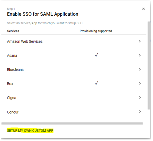 Enable SSO for SAML Application page