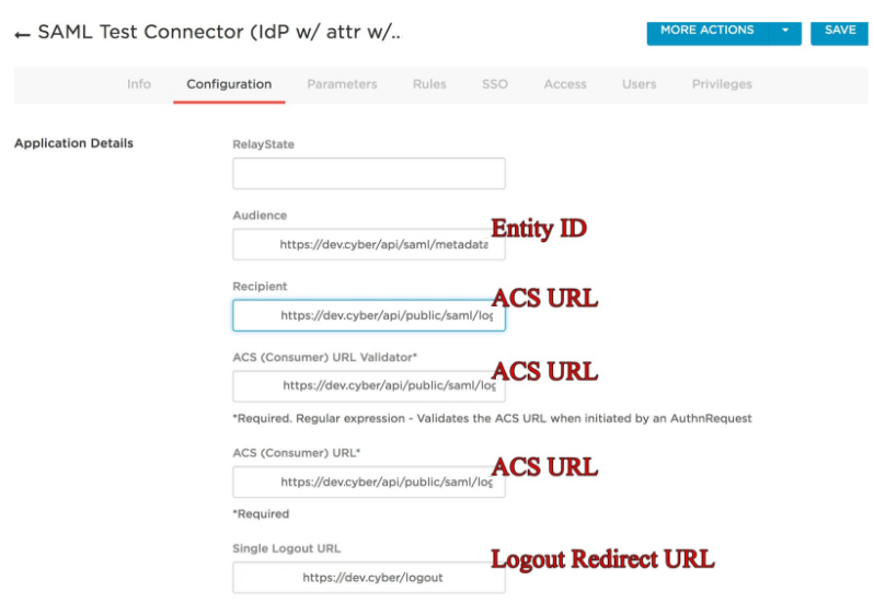 SAML Test Connector - Configuration tab