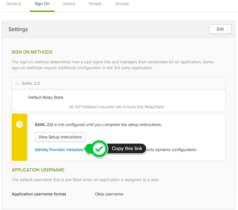 Sign On tab of the newly created SAML application