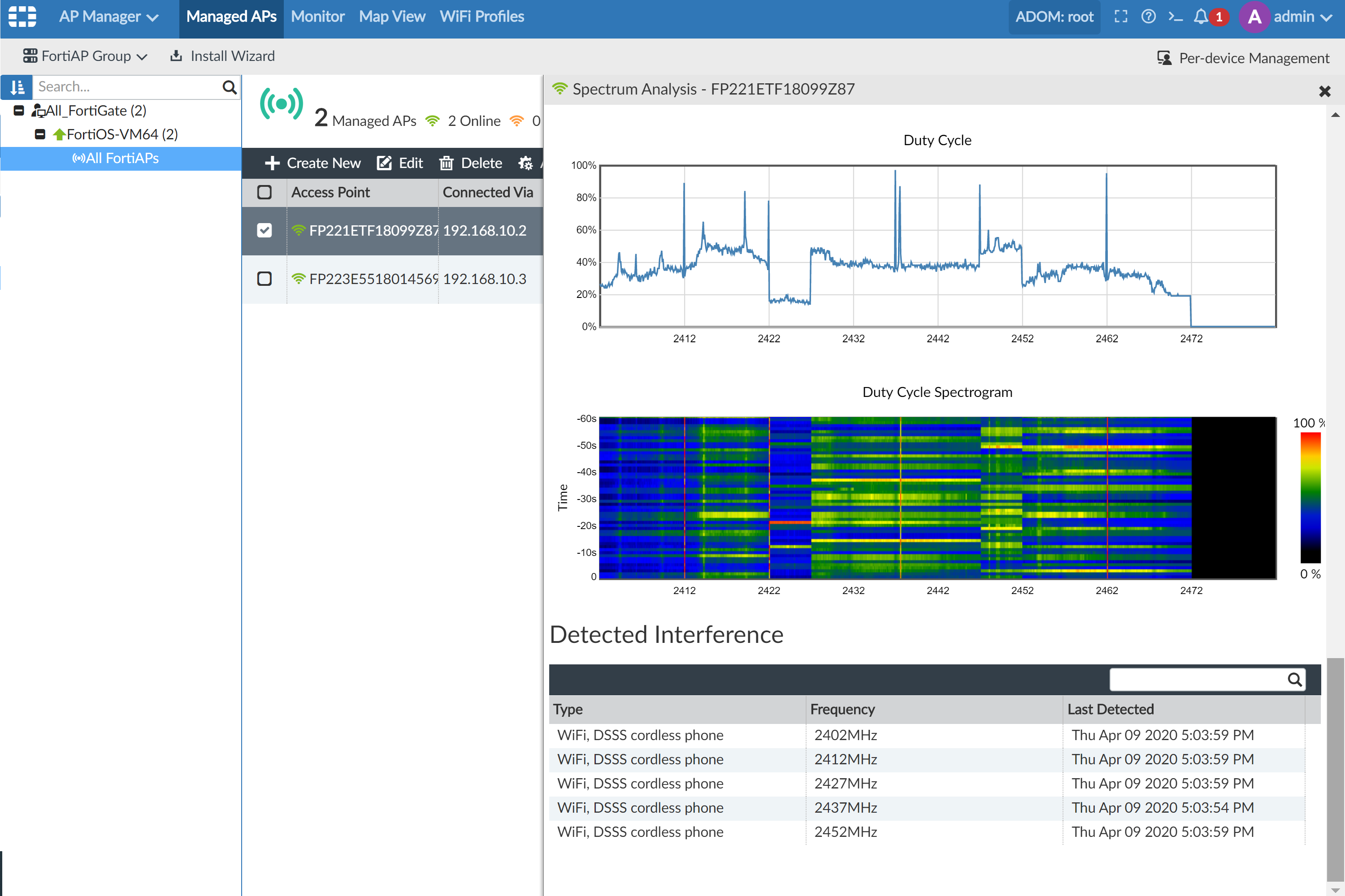 Spectrum analysis for managed APs FortiManager 6.4.8