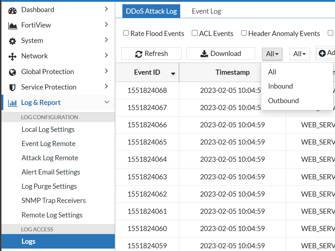 Using the DDoS attack log table FortiDDoSF 6.6.3 Document