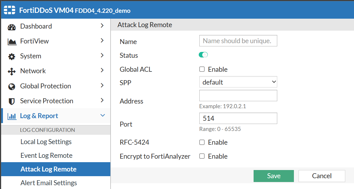 Configuring remote log server settings for DDoS attack log FortiDDoS