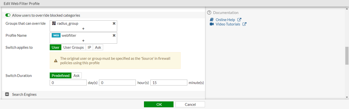 Click Allow users to override blocked categories