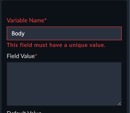 Example of the unique directive used in the Variable Name field