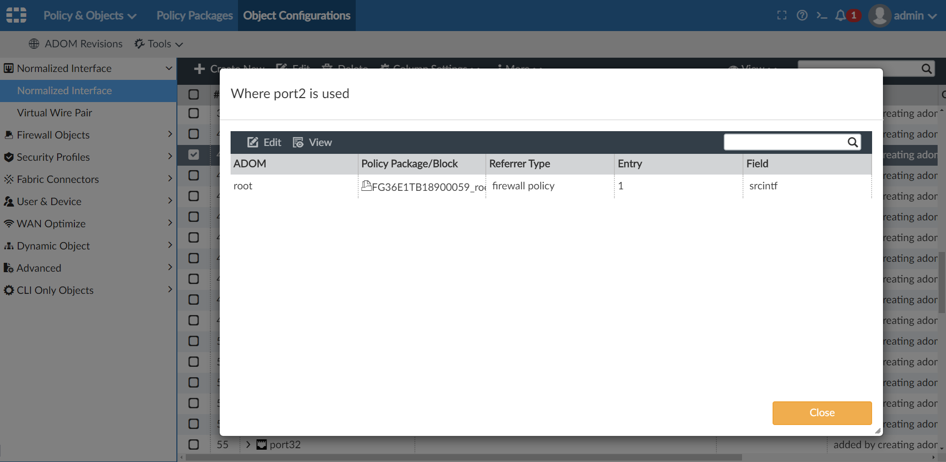 The modal window showing where a normalized interface is used