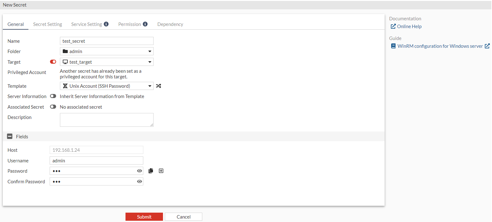 Creating a secret | FortiPAM 1.4.0 | Fortinet Document Library