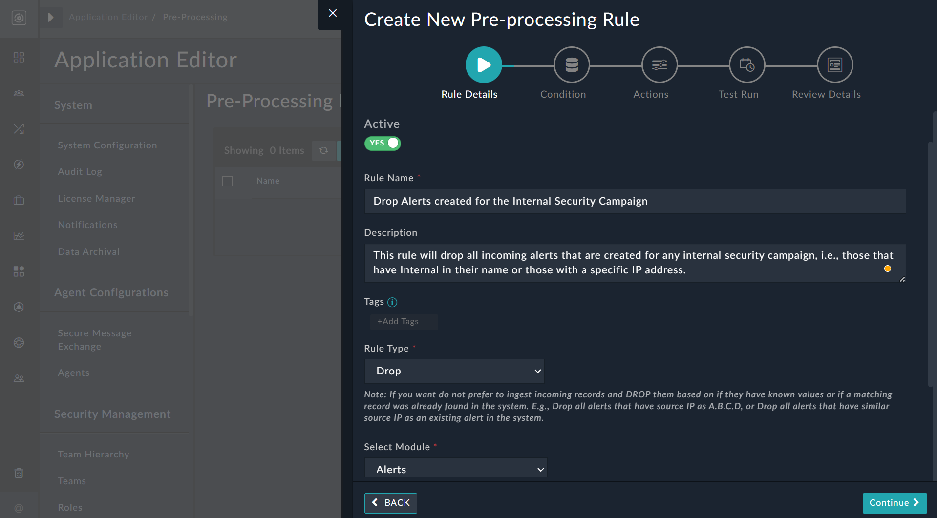 Pre-processing Rule Wizard - Rule Details for rule type drop