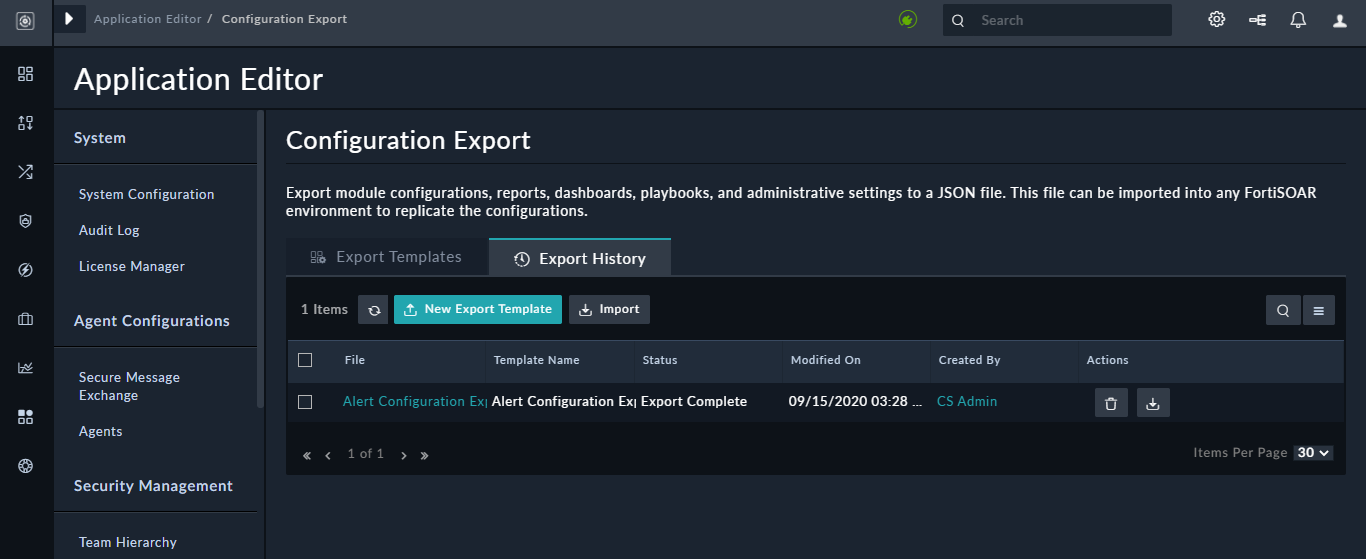 Configuration Export page - Export History page