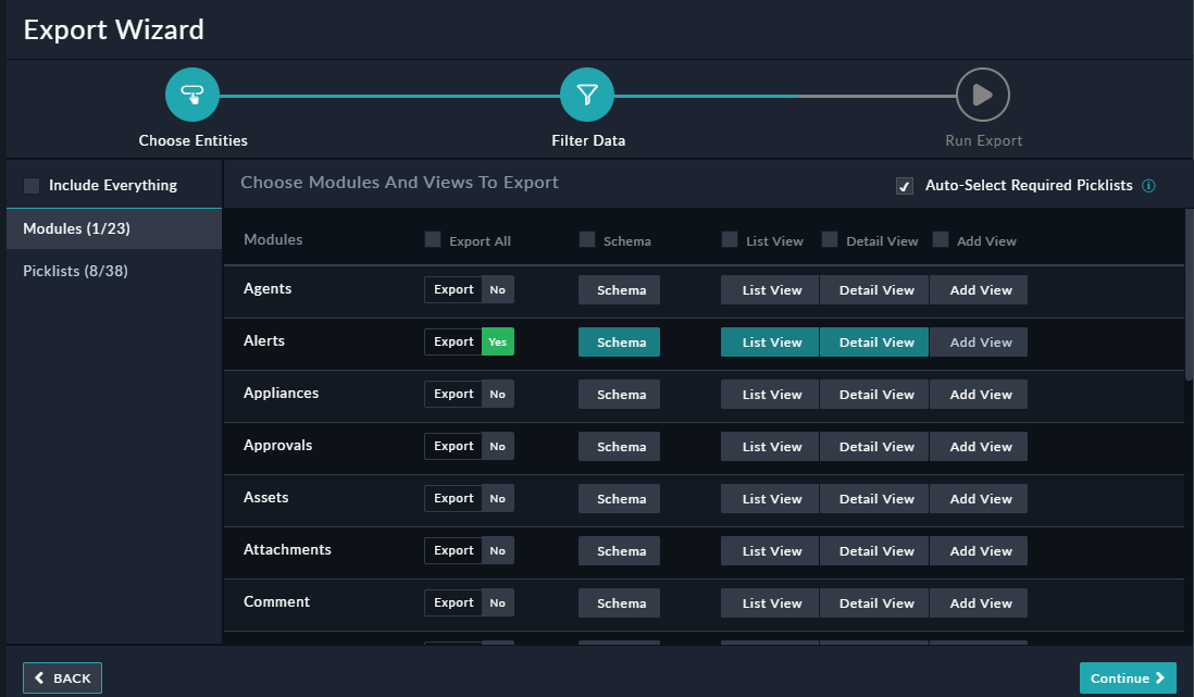 Export Wizard - Filter Data page