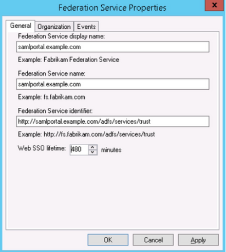 ADFS configuration: Federation Service Properties dialog