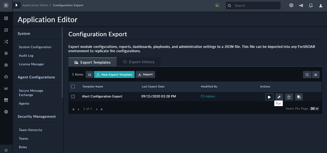 Configuration Export page - Export Templates page