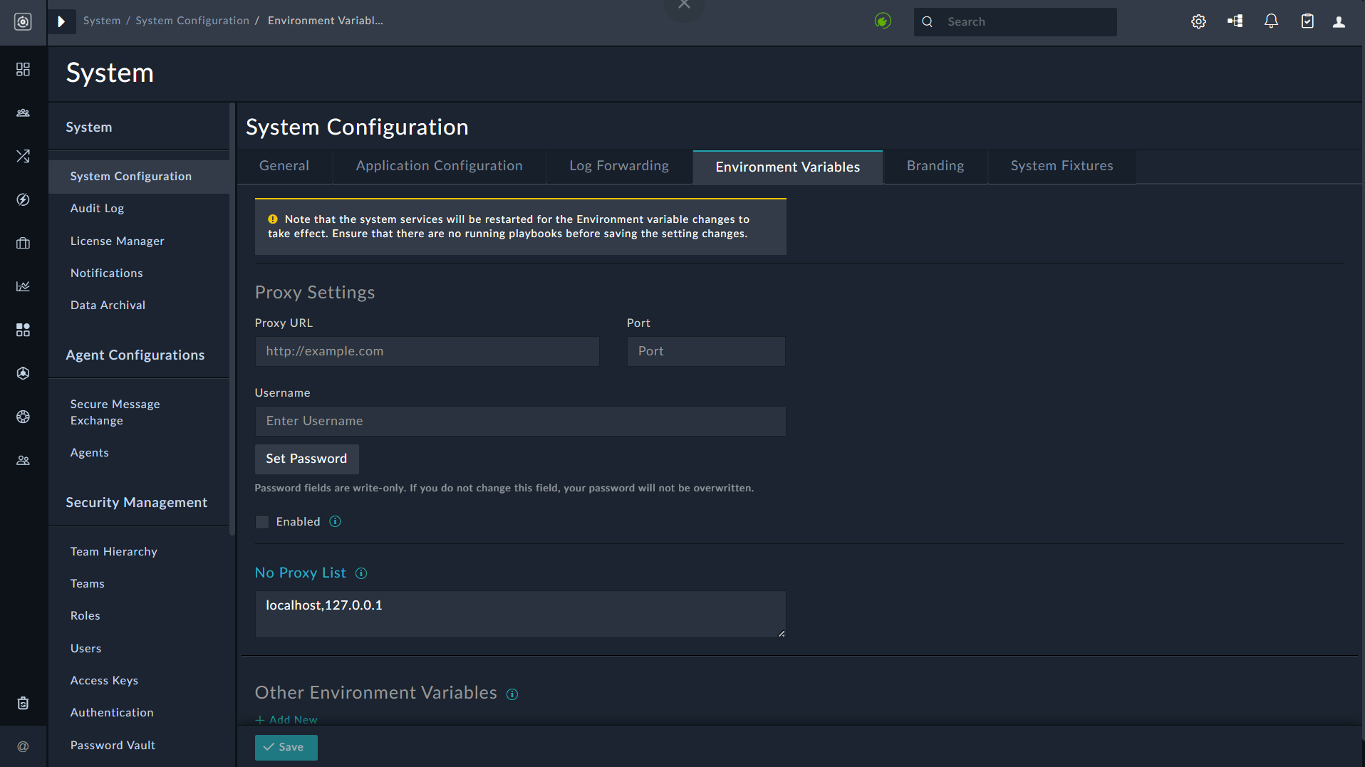 System Configuration Menu - Proxy Configuration tab