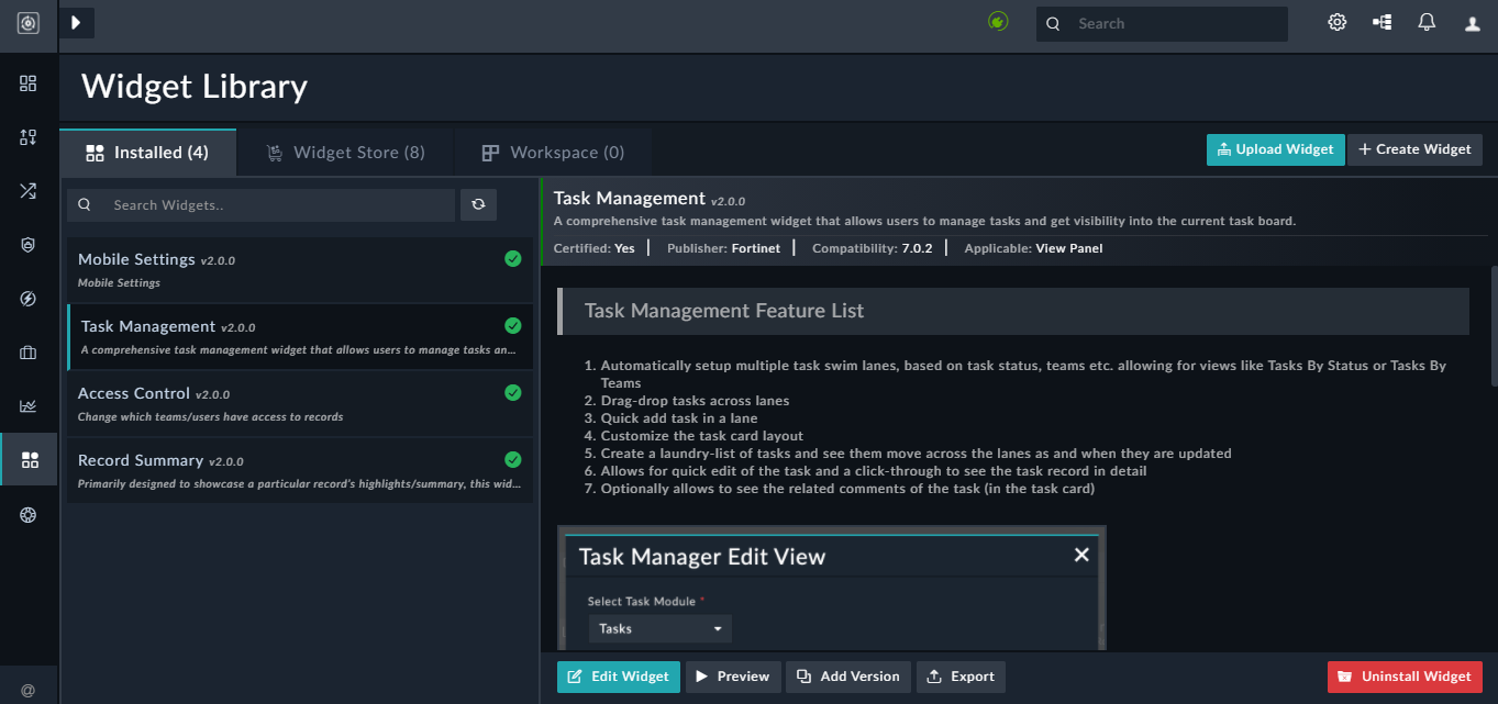 Widget Library - Installed tab