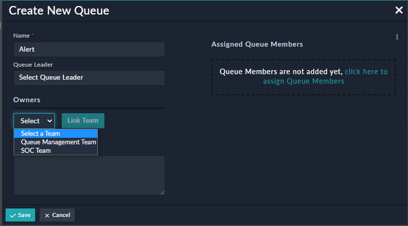 Create a new queue - Owners drop-down list