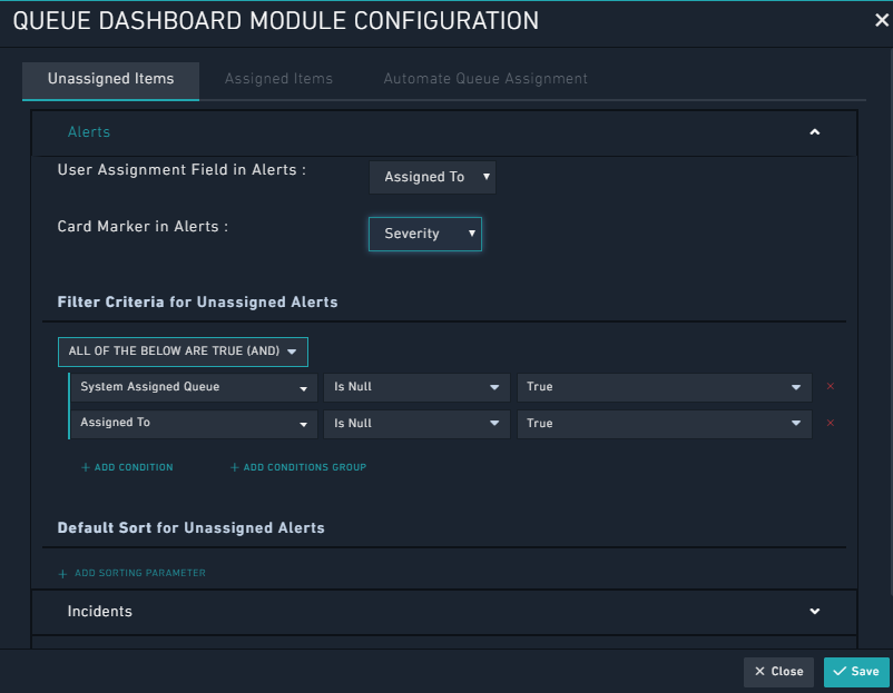 Unassigned Item Configuration tab