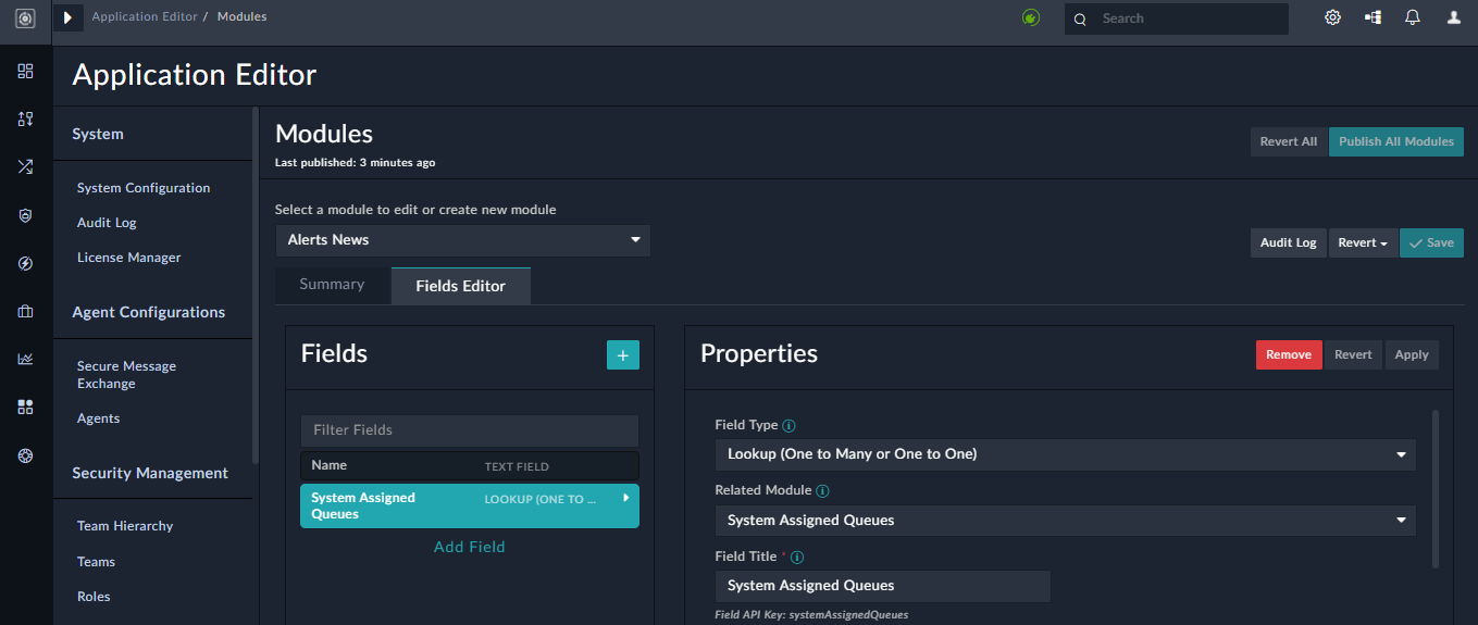 Properties for the System Assigned Queue field