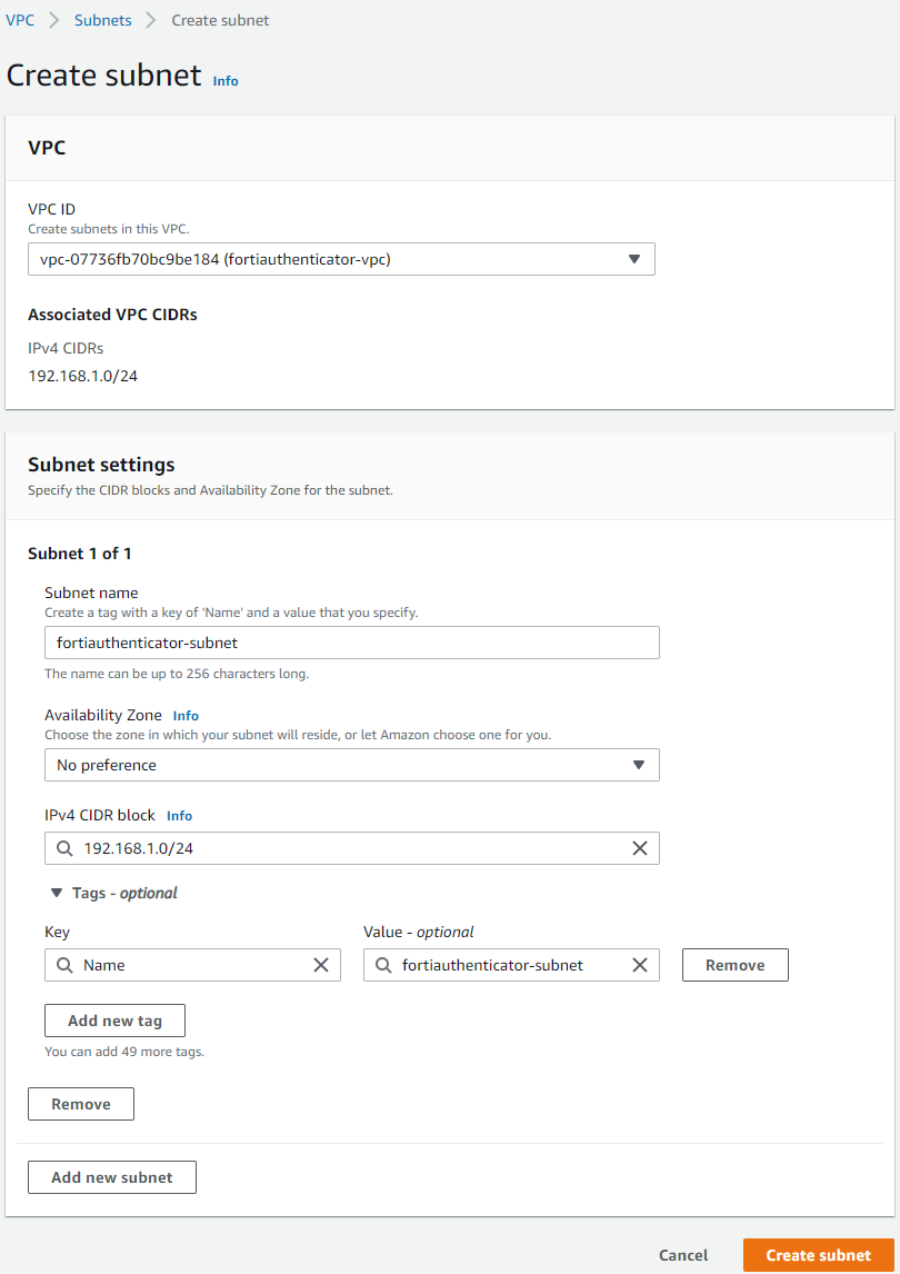 Configuring a Virtual Private Cloud | FortiAuthenticator Public Cloud 6.4.0
