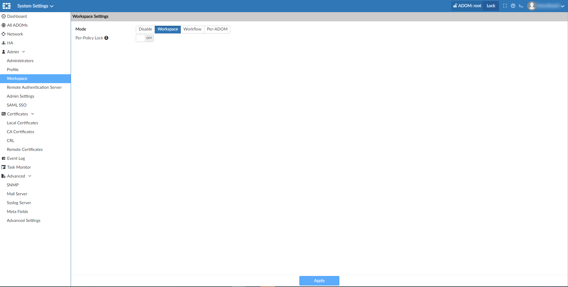 Enable workspace mode | FortiManager 7.2.2 | Fortinet Document Library