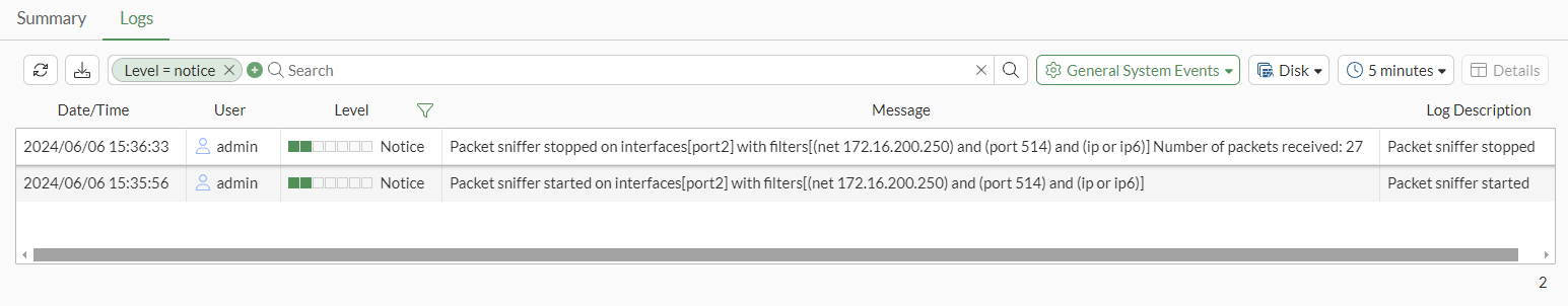 Logs generated when starting and stopping packet capture and TCP dump ...