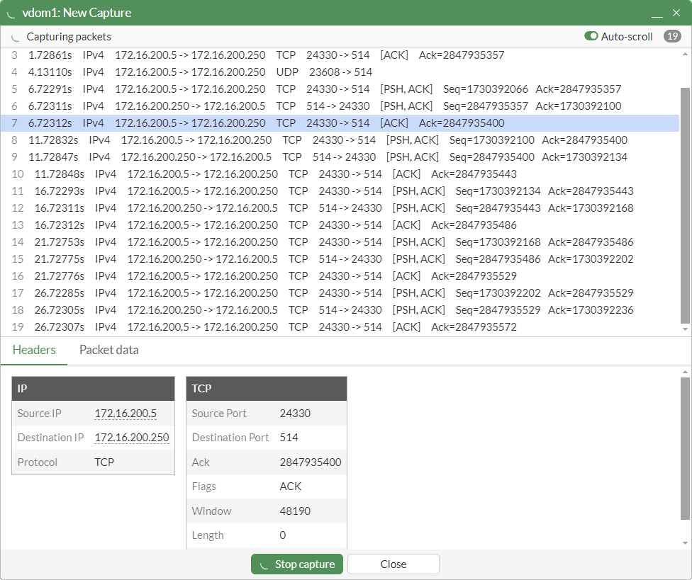 Logs generated when starting and stopping packet capture and TCP dump ...