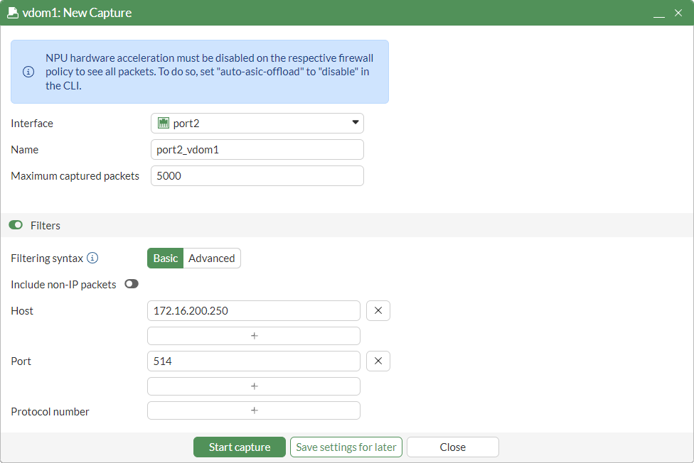 Logs generated when starting and stopping packet capture and TCP dump ...