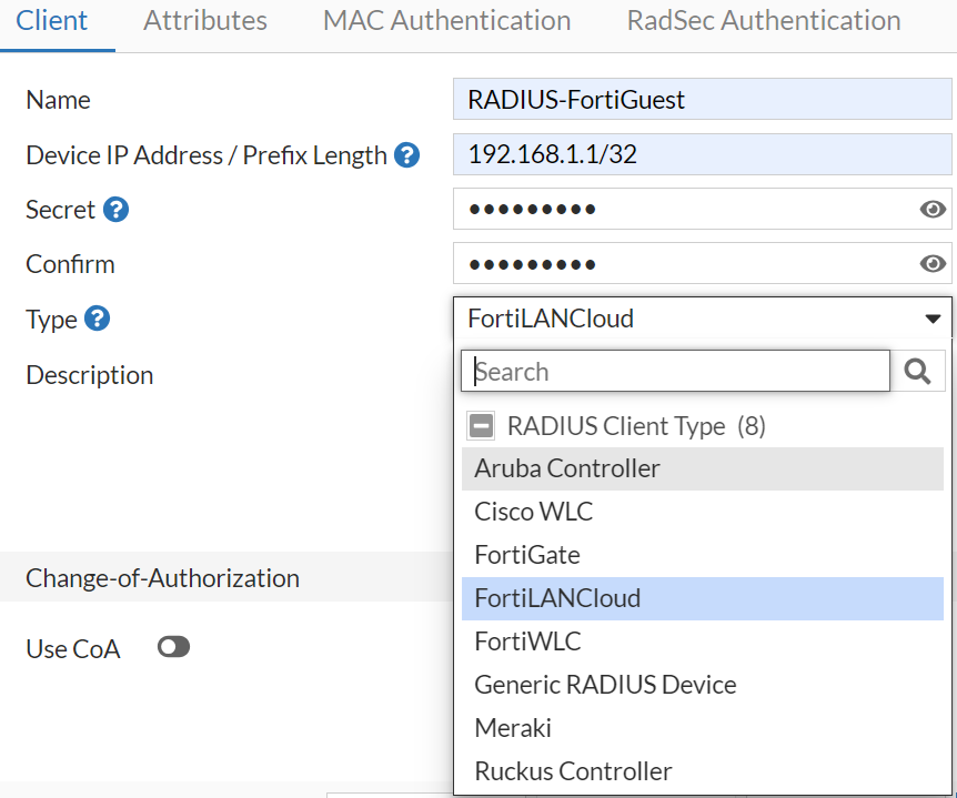 RADIUS Client Types | FortiGuest 1.3.0 | Fortinet Document Library