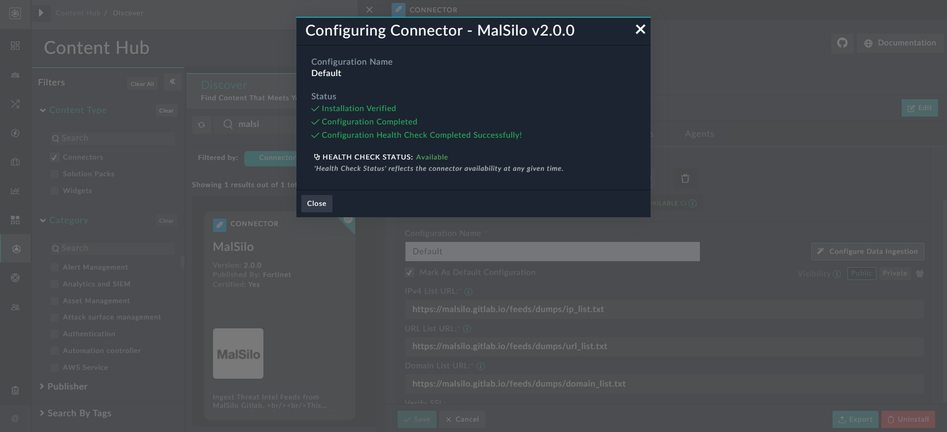 Connector Configuration Modal Window - Successful configuration