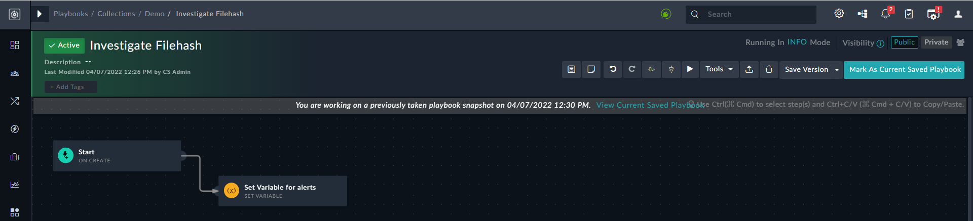 Loading of a version in the playbook designer