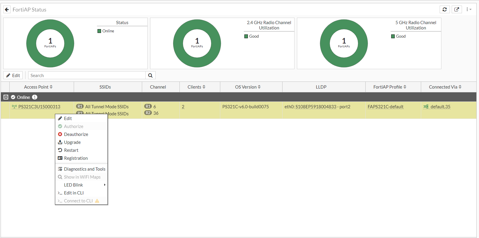 FortiAP Status monitor right-click menu