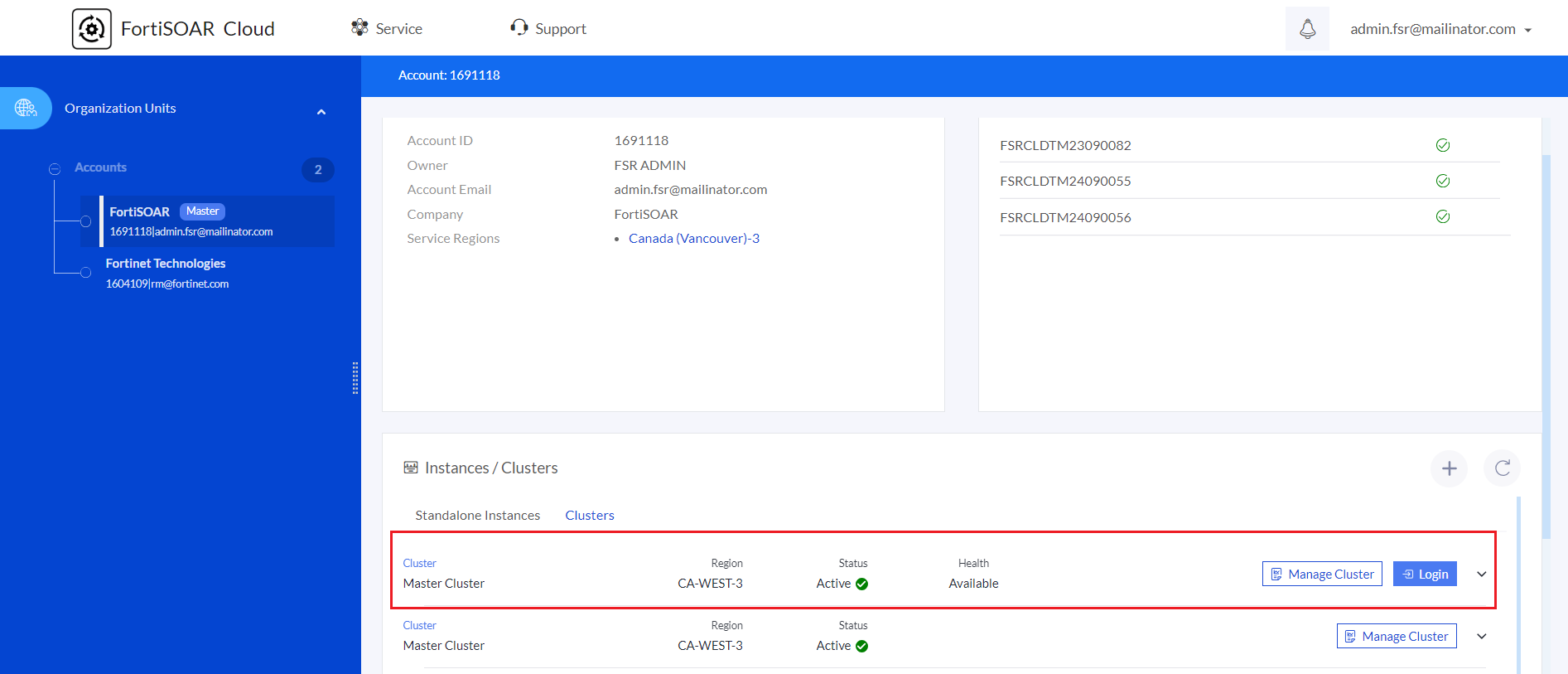 Clusters Tab on FortiSOAR Cloud