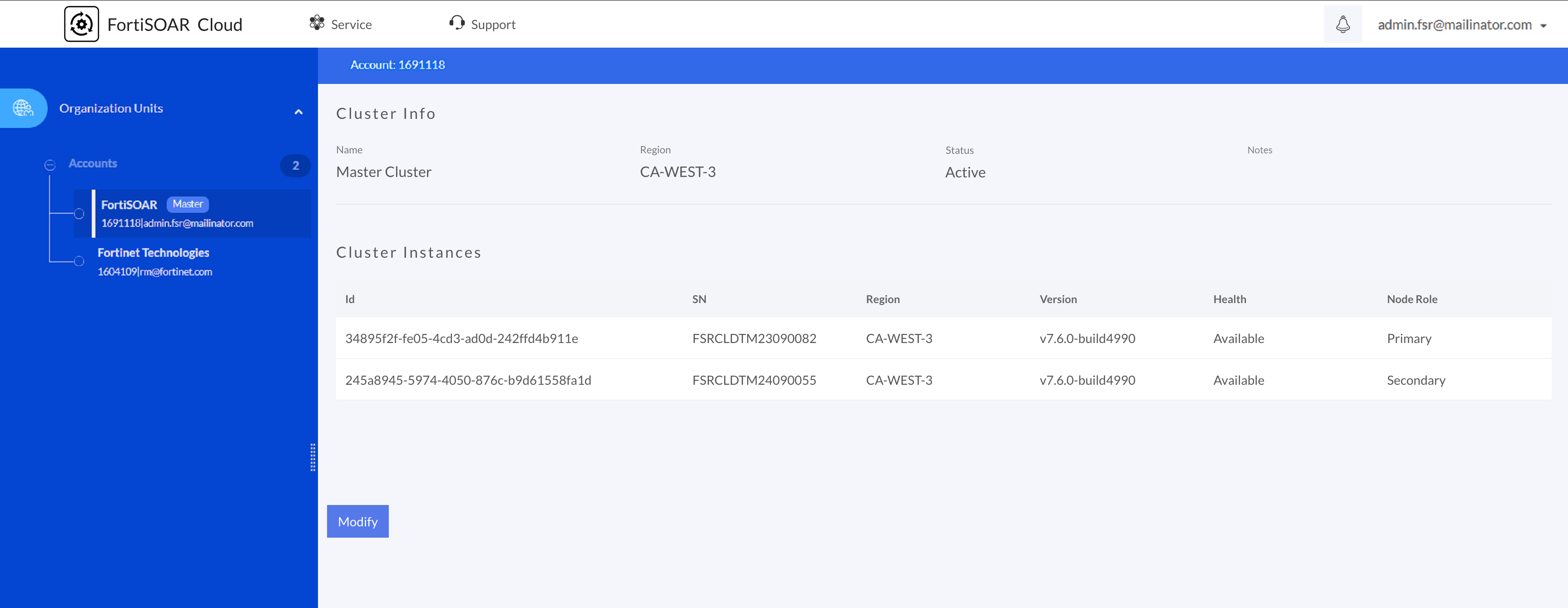 Cluster Info page containing details of the cluster