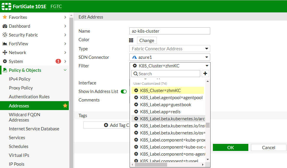 Screenshot of Azure Kubernetes setup displaying the creation of dynamic firewall address