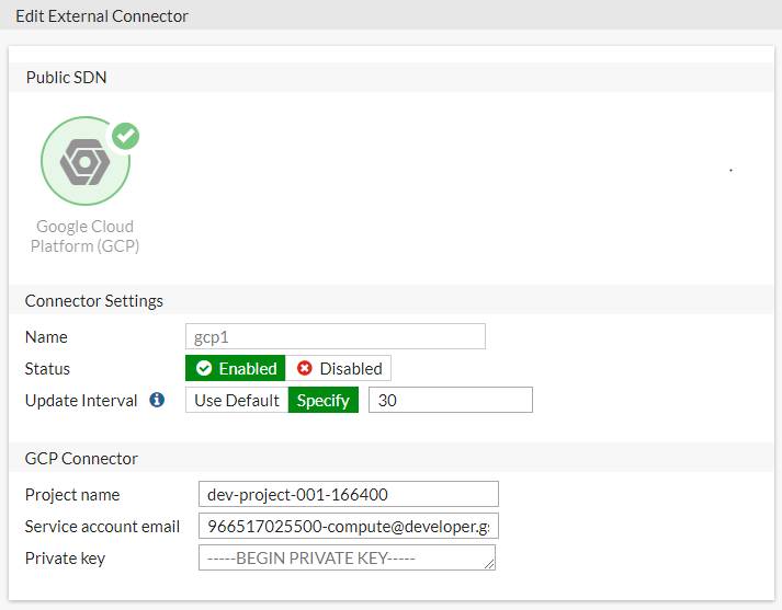 SDN Connector Configuration Screenshot of SDN connector configuration for GCP