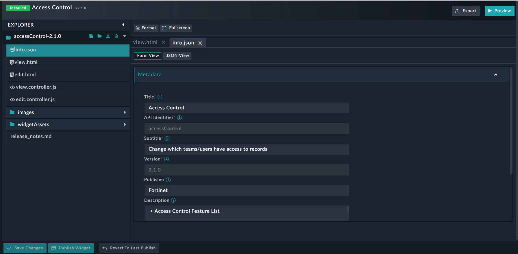 Edit Widget - Code Editor Interface