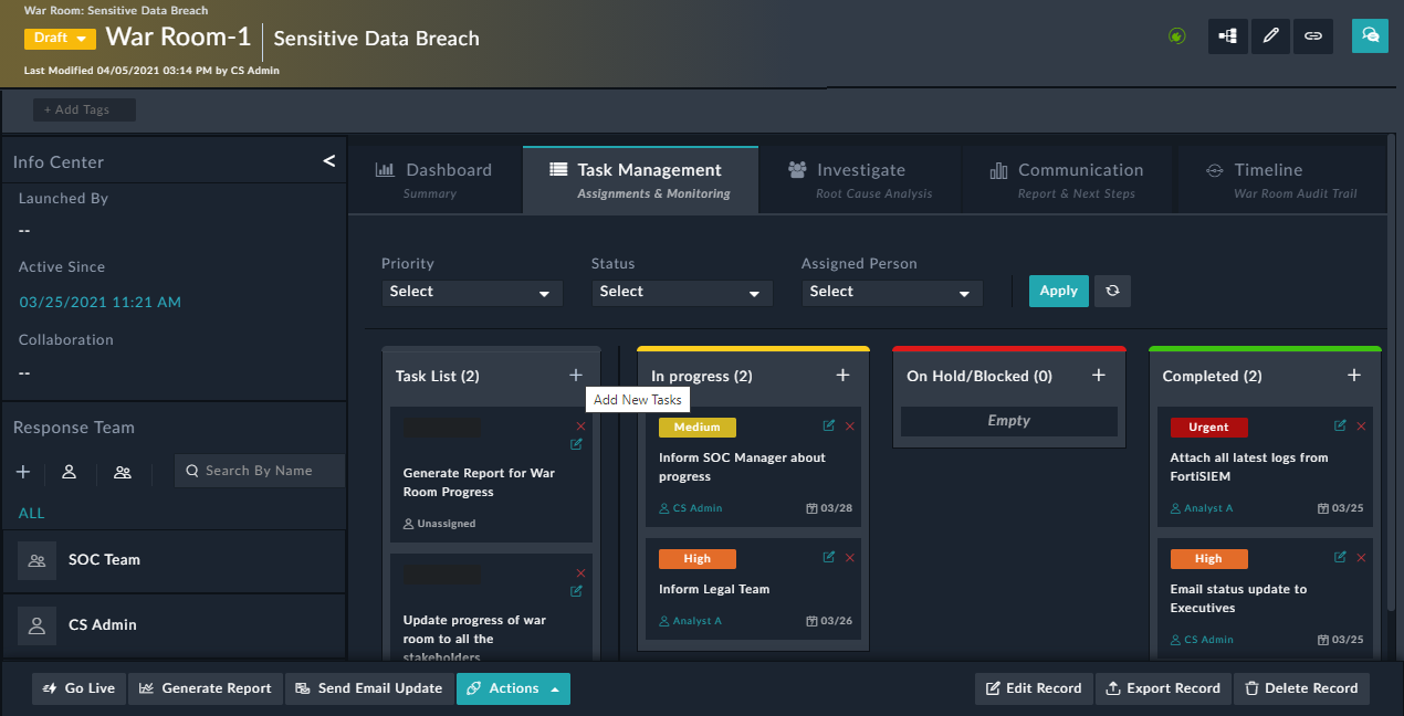Investigate tab - Managing Tasks
